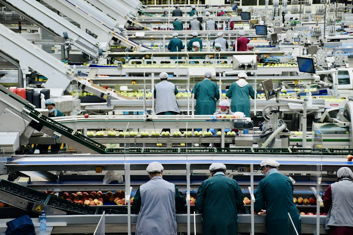 Grupo de trabalhadores em fábrica, ilustrando landing page trabalhista
